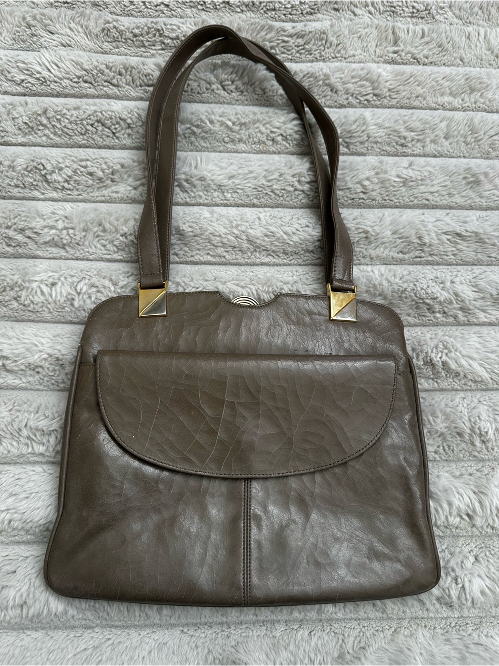 Vintage Lou Taylor Leather Shoulder Bag with Front Flap with Swivel Gold Mirror